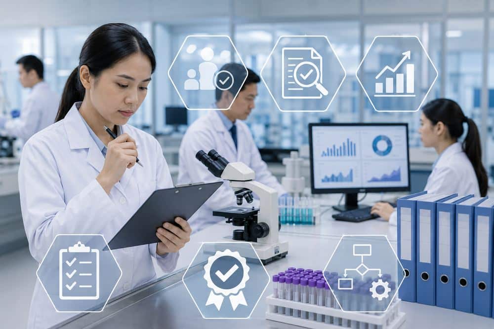 Quality assurance personnel reviewing manufacturing records during cGMP certification in Malaysia
