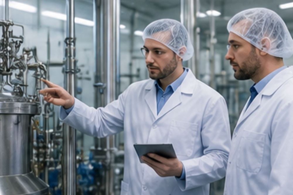 Internal auditors examining equipment and records in a manufacturing area during a cGMP audit in Malaysia